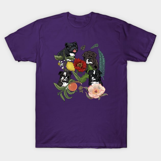 Botanical and Black English Bulldog T-Shirt by huebucket